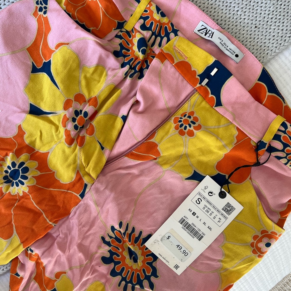 Zara Pink Pants with Yellow and Orange Floral Design